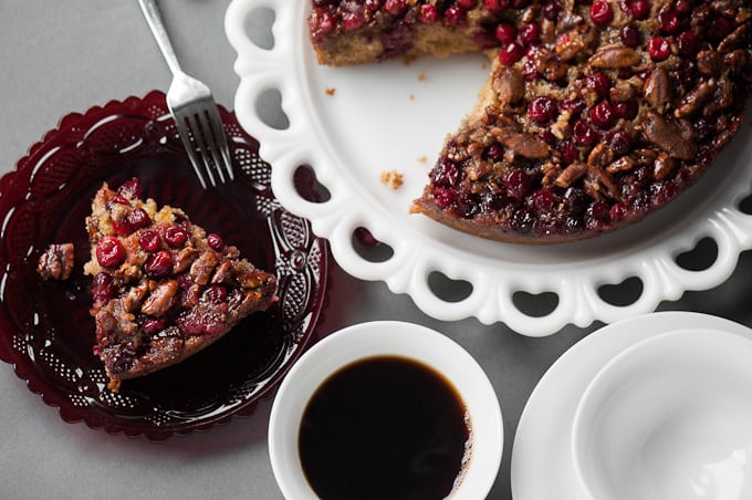 top view of cranberry coffee cake and coffee