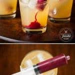 Vampire Cocktail is the perfect spooky Halloween drink. Syringes filled with sweetened raspberry puree look gory, but taste amazing!