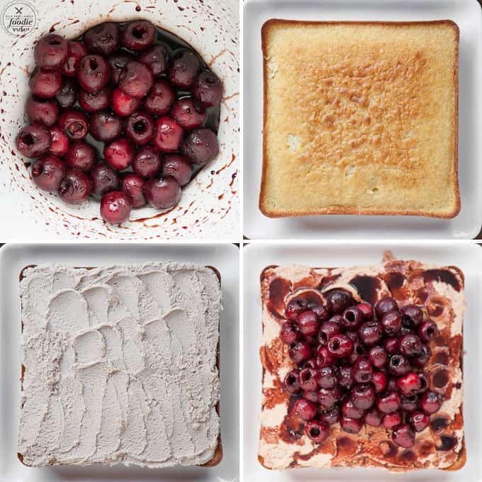 process photos of how to make cake with balsamic cherries and mascarpone