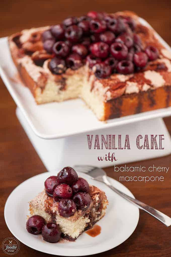vanilla cake with cherries and balsamic sauce