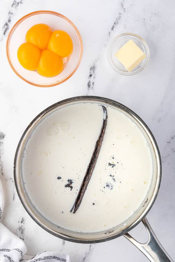 scraped vanilla bean in pan for pudding