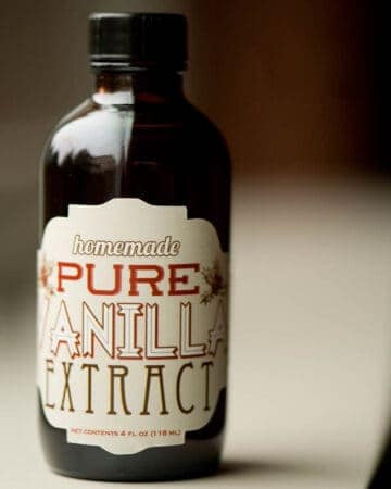 dark brown glass bottom with custom label of Homemade vanilla extract