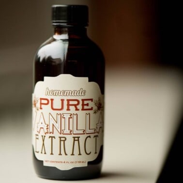 dark brown glass bottom with custom label of Homemade vanilla extract