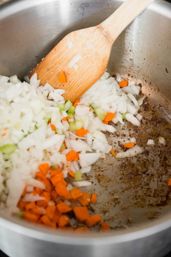 saute of carrots, onion, and celery for soup recipe