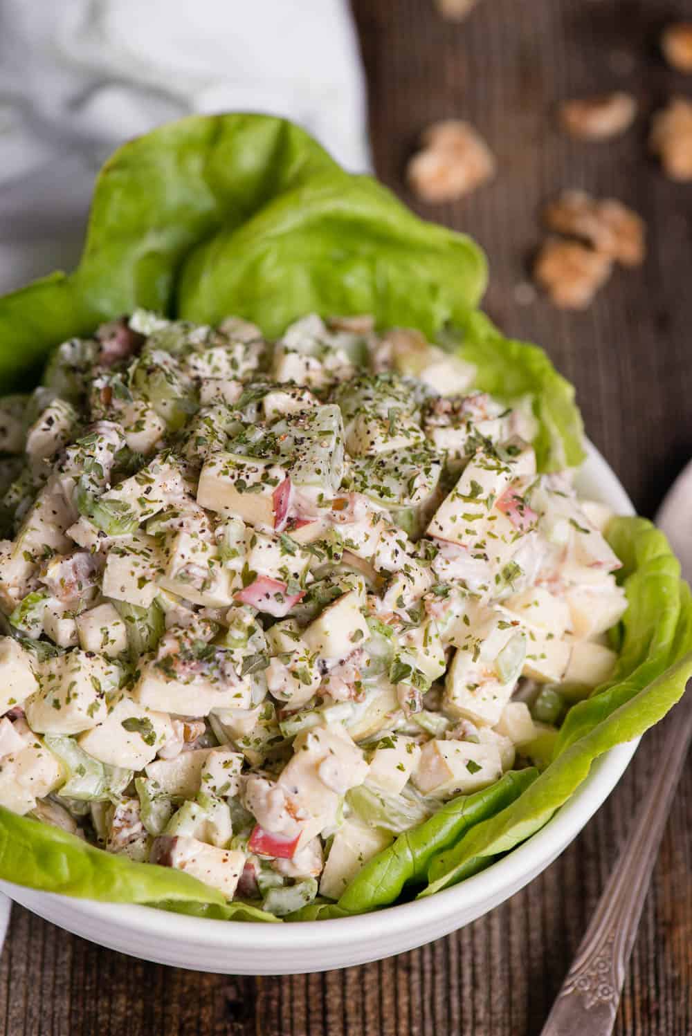 Waldorf Salad in bowl with butter lettuce