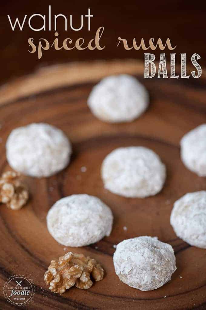 Walnut Spiced Rum Balls on wood platter