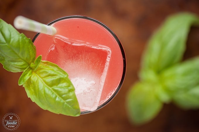 looking down at watermelon cocktail with basil