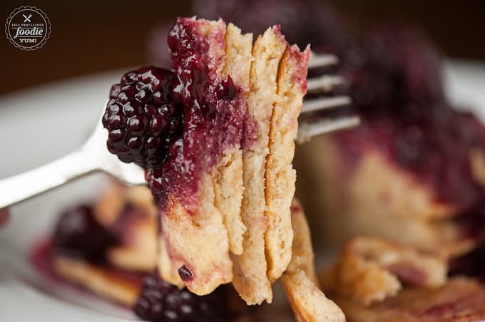 pancakes on fork with blackberries
