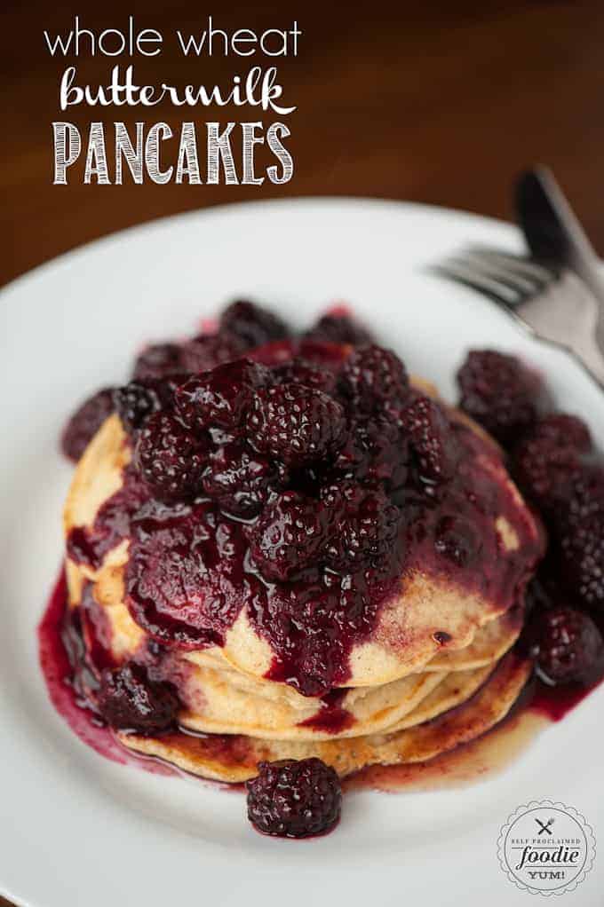  Homemade Whole Wheat Buttermilk Pancakes topped with berries