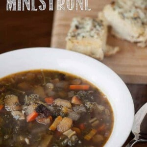 Homemade Winter Minestrone is a healthy and hearty winter soup full of cold weather favorites like kale, squash, beans, bacon, pasta, and savory beef brot